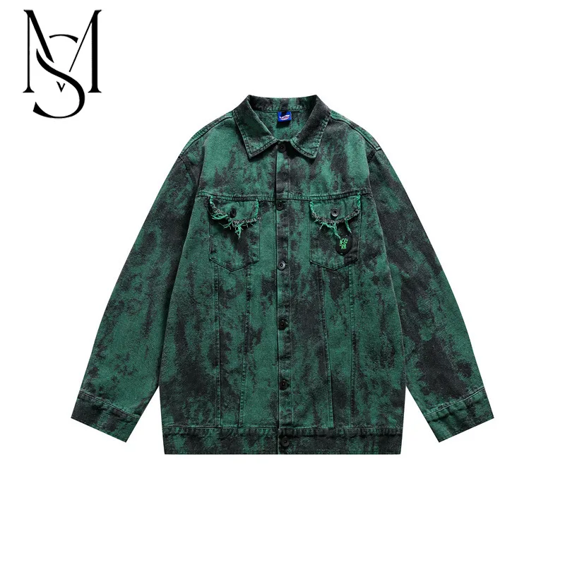 

Collection of autumn new fashion brand Hong Kong style design sense tie-dyed denim jacket for men and women dark green graffiti