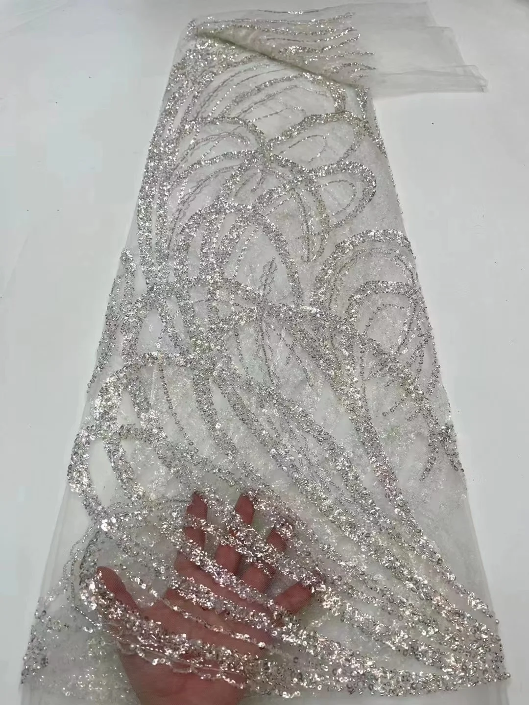 

White African Sequins Beaded Lace Fabric 2023 High Quality Lace Material French Nigerian Wedding Lace Fabrics For Party Sewing