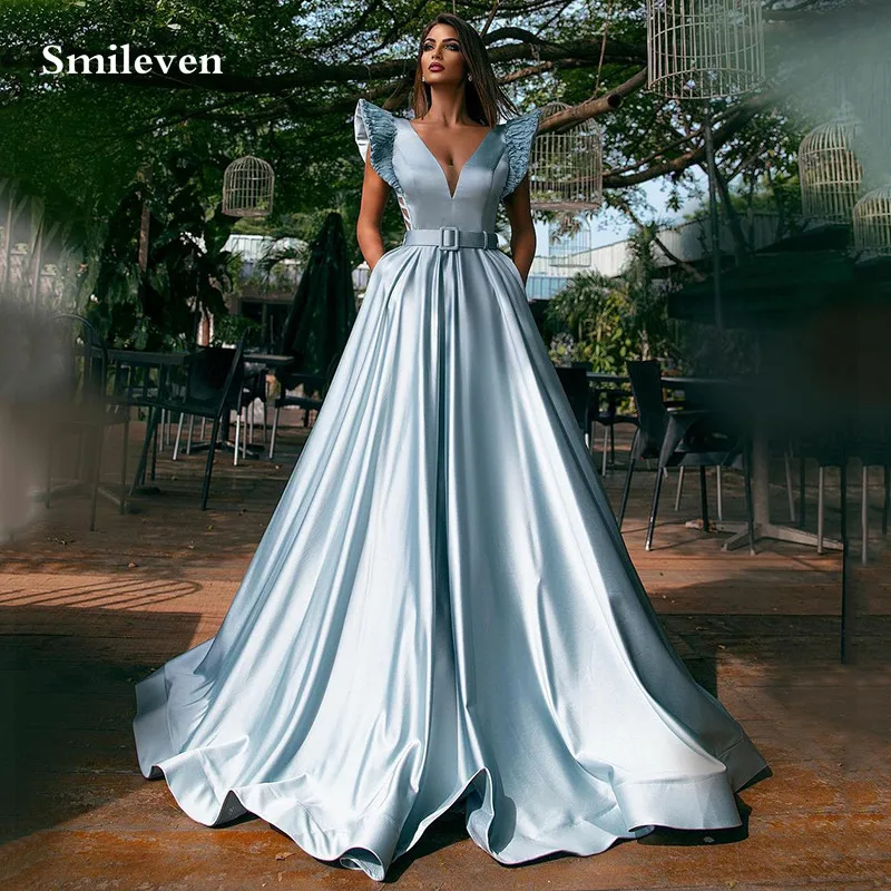 

Smileven, небесно-голубое ТРАПЕЦИЕВИДНОЕ официальное вечернее платье с V-образным вырезом и поясом, платье для выпускного вечера со складками, модель 2022 танцевальное праздничное платье 2022