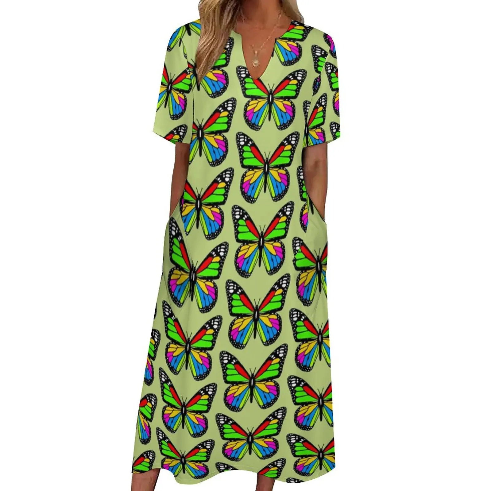 

Colorful Butterfly Print Dress Cute Animal Trendy Maxi Dress Aesthetic Boho Beach Long Dresses V Neck Graphic Big Size Vestido