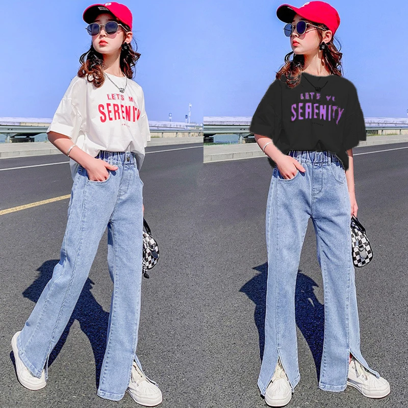 

Летние комплекты одежды для девочек-подростков, Детские Модные топы с буквами + джинсовые брюки, комплект из 2 предметов, детский спортивный костюм