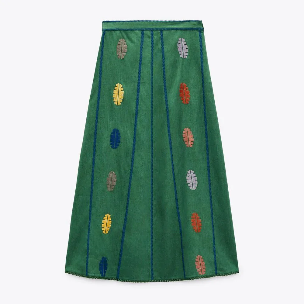 

PB & ZA 2022 summer new women's clothing fashion temperament loose green retro linen embroidered A- line skirt skirt skirt