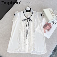 2022 summer thin chiffon blouse for woman new princess style sweet bow pleated lace sleeveless shirt girls ladies top