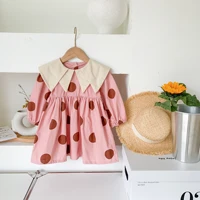 2022 new girls pink polka dot dress with collar spring autumn kids cute one piece dresses korean kids long sleeve clothes robe