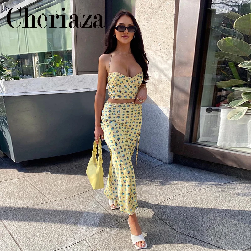 

SummerWomen's yellow flower printing heart-shaped collar cross frenulum backless sexy suspenders +Slim fit high waist skirt suit