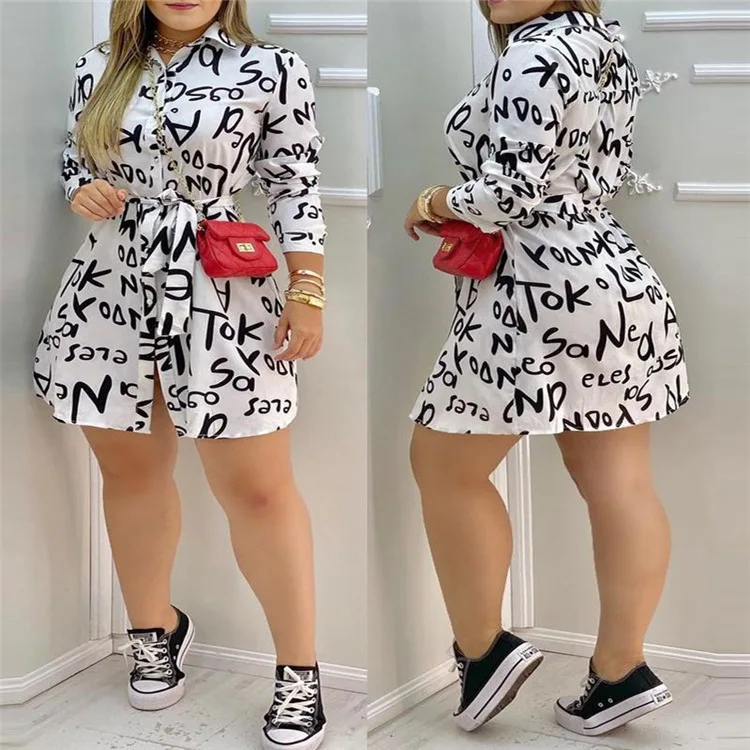

Casual Shirt Dress Women's 2022 Long Sleeve Letter Print Slim Shirt White Dress Office Temperament Elegant Dress
