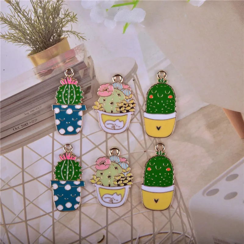 

10pcs Enamel Cactus Charm for Jewelry Making Pot Plant Earring Pendant Necklace Bracelet Accessories Diy Craft Supplies for Gift