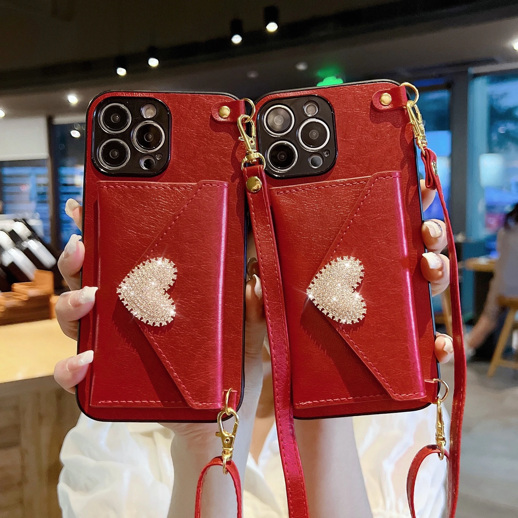 

Design Fragrance Diamond Luxury For Iphone 11 12 13 Pro Max Trendy Crossbody Claret Love Phone Case Cover Wallet Bag Coin Purse