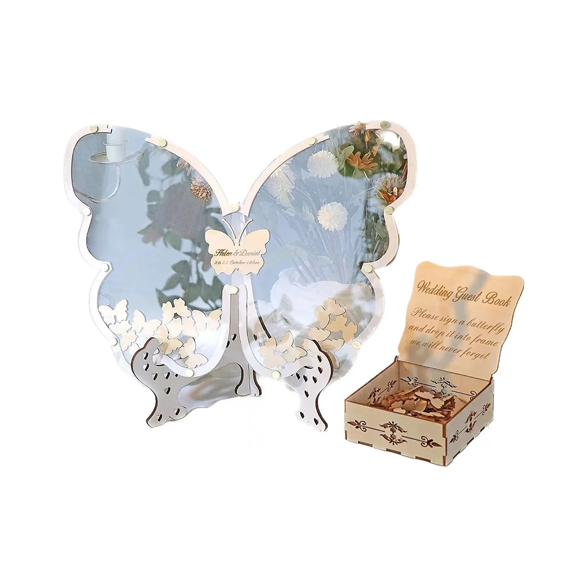

White Wedding Guest Book Alternative for 40 Guests to 200 Guests, Drop Wooden Butterfly Frame with Small Butterflies