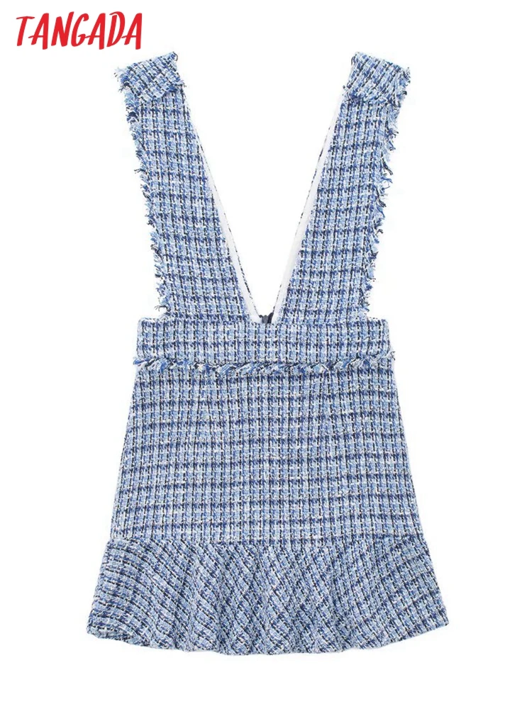 

Tangada Women's Fashion Tweed Ruffles Tank Dresses Sleeveless Female Casual Short Dress 3H394
