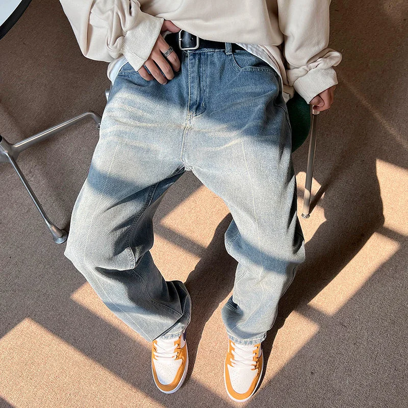 Autumn Blue Baggy Jeans Men Fashion Casual Straight Jeans Streetwear Men Korean Style Loose Wide Legs Denim Pants Mens Trousers