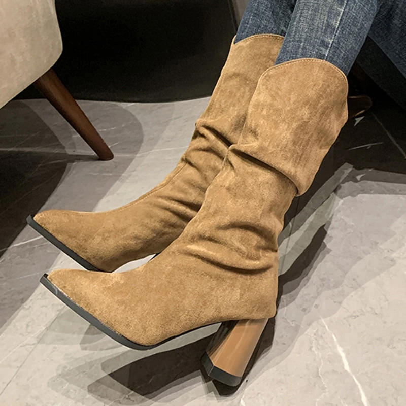 

2022 New Mid Calf Chunky Chelsea High Boots Women Winter High Heels Shoes Designer Party Sexy Pumps Suede Motorcycle Snow Botas