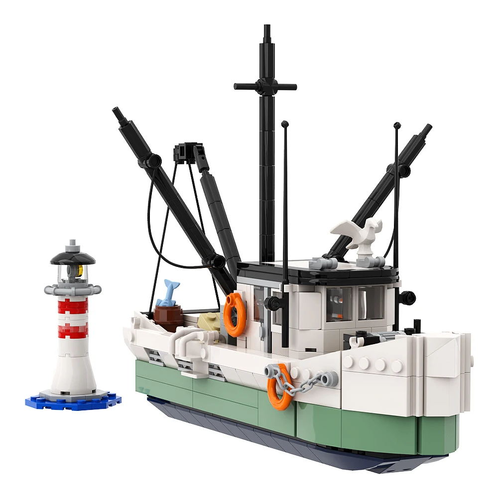

Gobricks MOC Shrimp Boat a Pirate Fishing Boat Village Building Blocks Cruise Ship Ocean Exploration Fisherman For Kid Gift