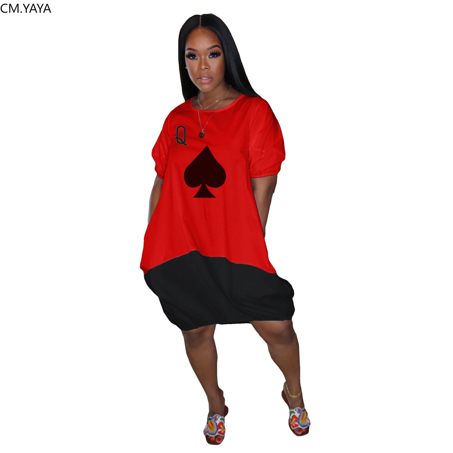 CM.YAYA Women Black Queen Poker Card Print Loose Knee Length Casual Dress Fashion Streetwear Short SleeveO-neck Dresses Vestidos | Женская