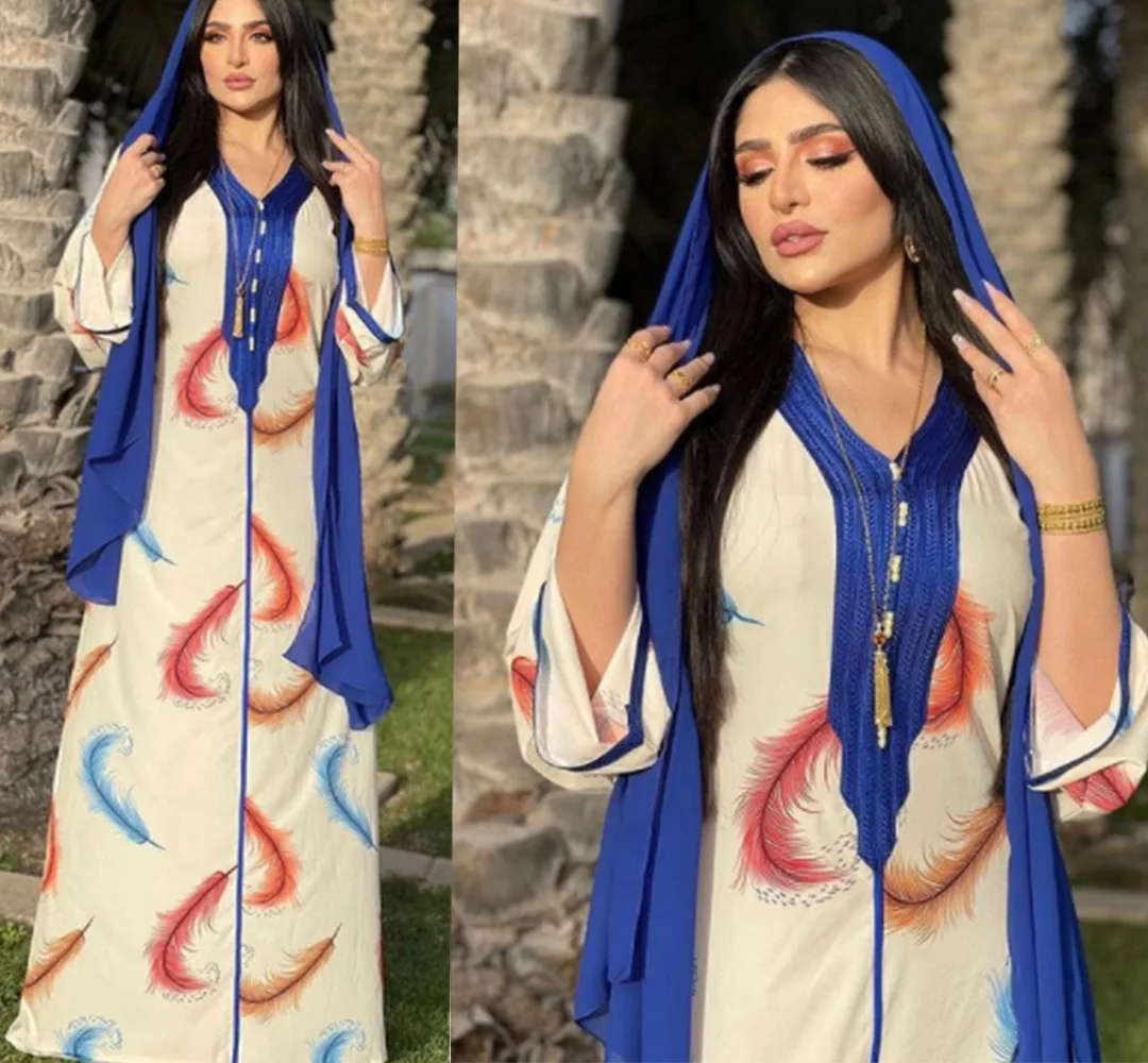 

Middle East Muslim Women's Wear Feather Print Dress Women Dubai Robe Southeast Asia Arab Dress Long Maxi Loose
