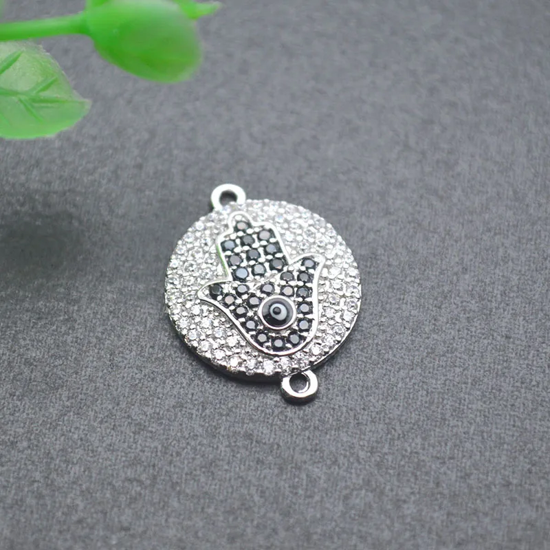 High Quality Nickel Free Anti Rust  Gold Plated CZ Pave Round Hamsa Hand Charm Connectors  for Diy Jewelry Making 10pcs