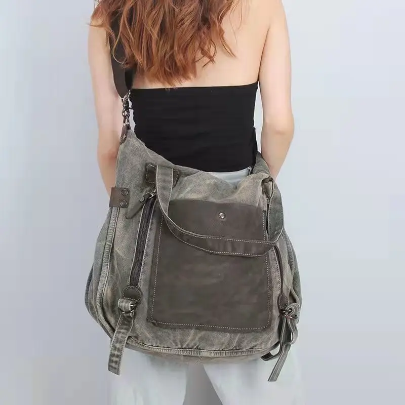 Large Capacity Canvas Womens Bag With Contrasting Color Stitching European And American Large Capacity Fashionable Retro Handbag