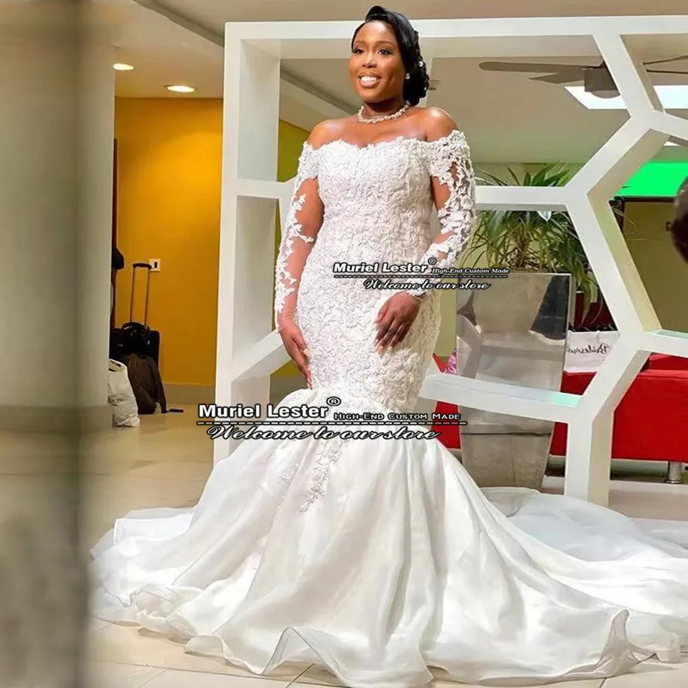 

Arabic African Mermaid Wedding Gowns For Bride Marriage Full Sleeves Off Shoulder Appliques Beading Bridal Dresses Custom Made