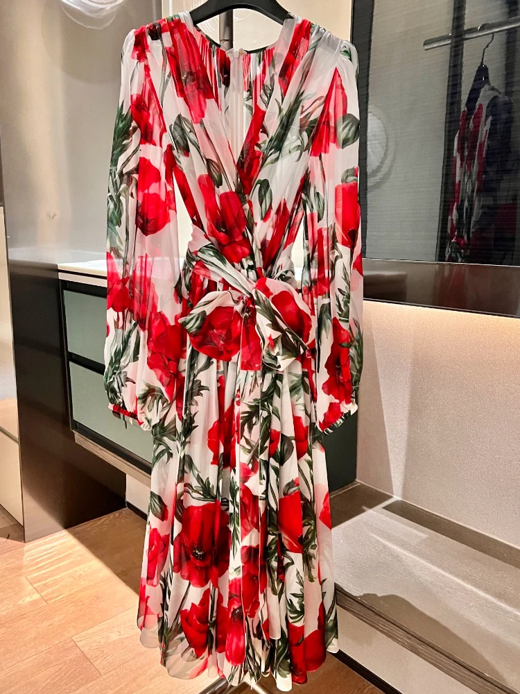 

Женское платье средней длины, красное платье из чистого натурального шелка с цветочным принтом и поясом, весна-лето 2023