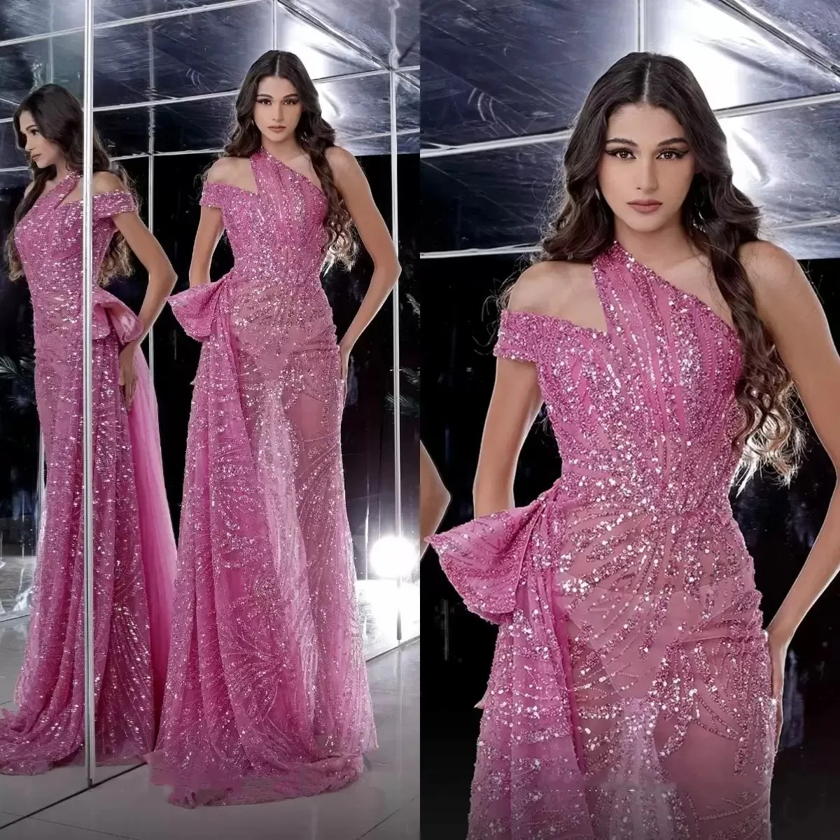 

Pink Shiny Prom Dress Sleeveless Strapless Appliques Sequins One Shoulder Hollow Evening Gowns Plus Size Bridal Gowns