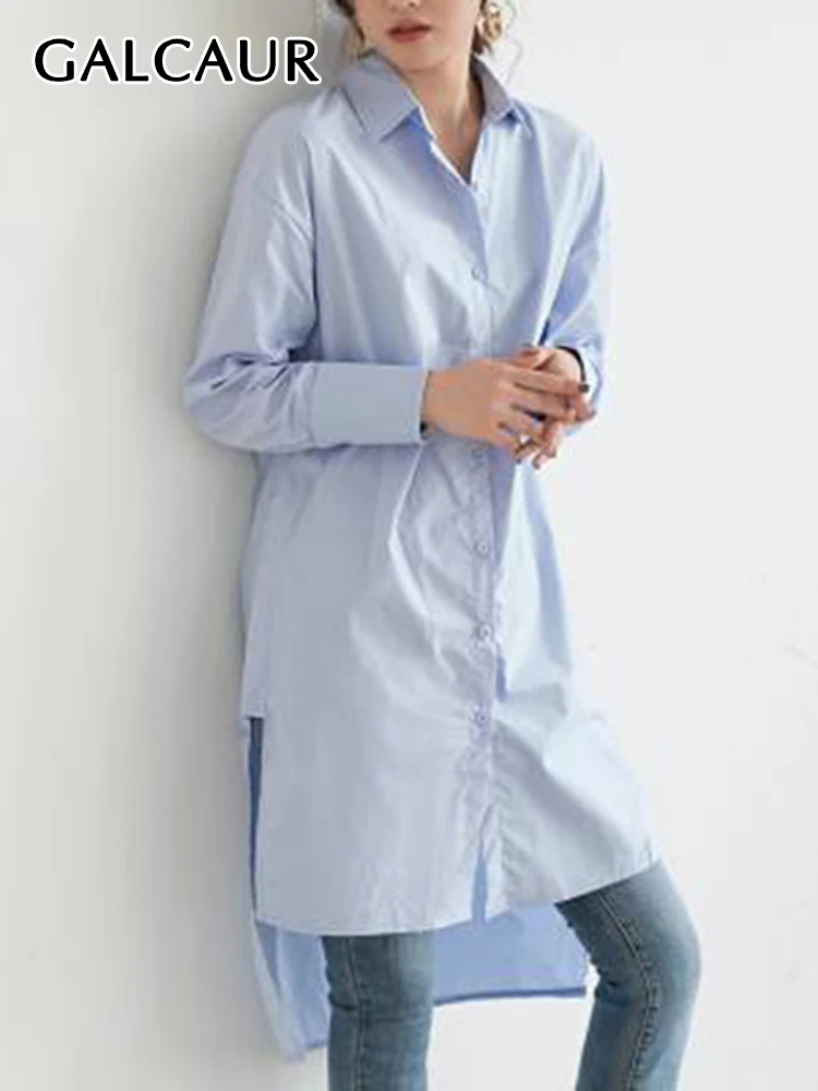 

GALCAUR Asymmetric Hem Shirt For Women Lapel Collar Long Sleeve Ruched Plus Size Casual Blouse Female 2020 Fashion Clothing