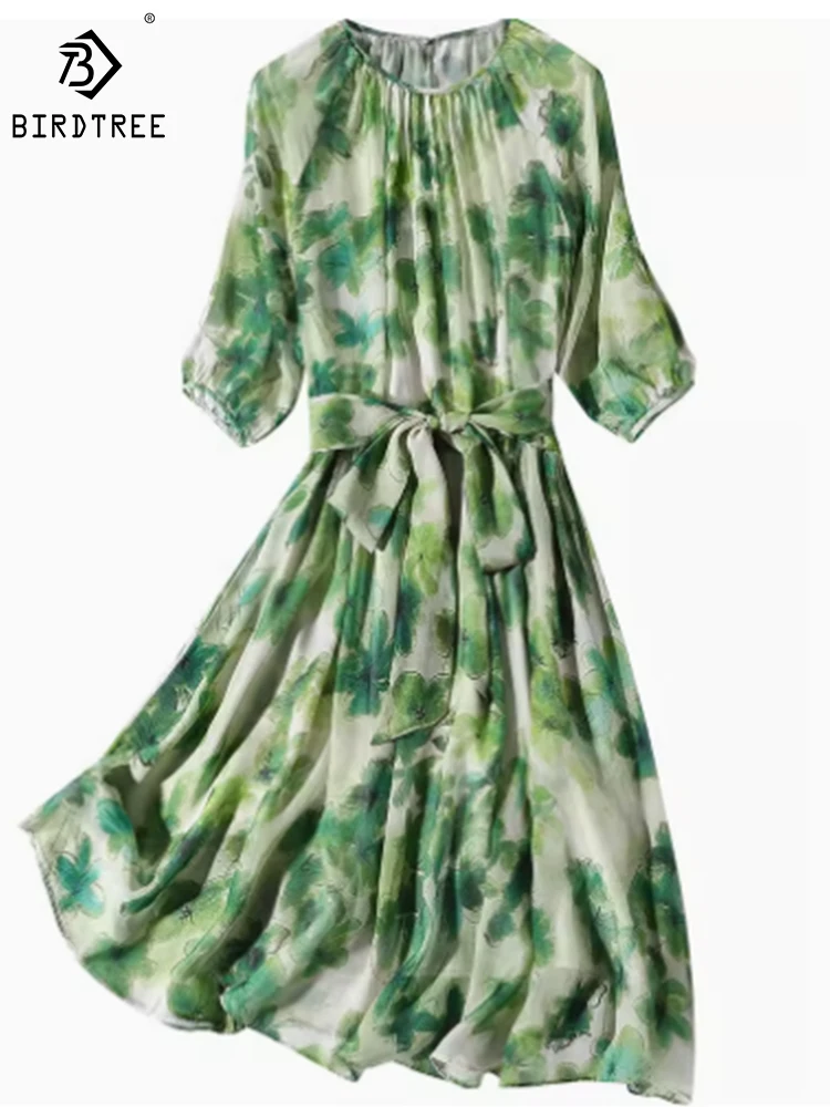 

100% шелк тутового дерева элегантное платье Французский Круглый вырез цветочный рукав три четверти нежный темперамент трапециевидной формы юбка D3N725QD