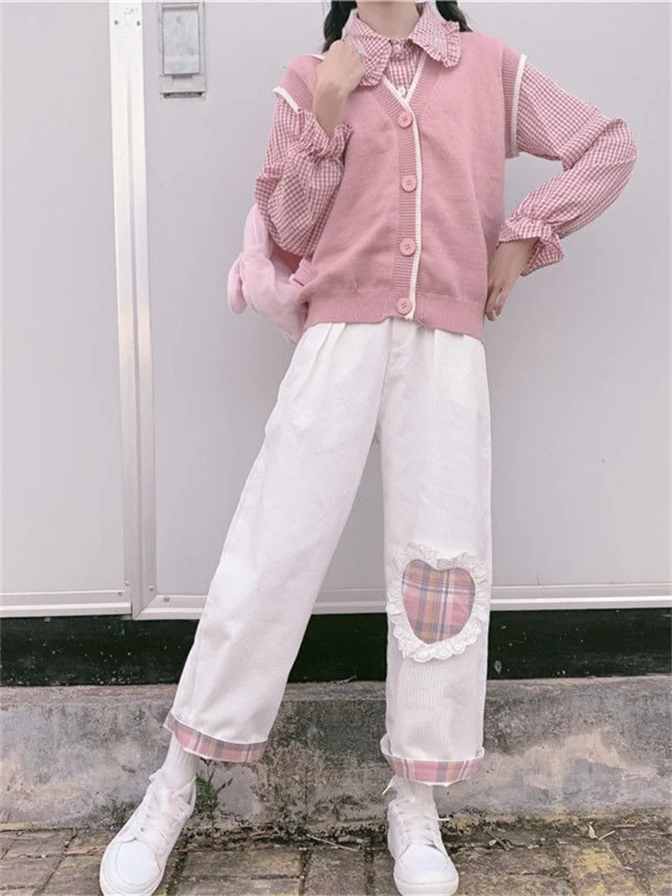 

Брюки женские вельветовые QWEEK, белые, мягкие, в клетку, с широкими штанинами