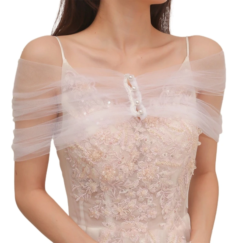 

Women Pleated Tulle Sheer Wrap Wedding Bridal Off Shoulder Stole Formal Shawl