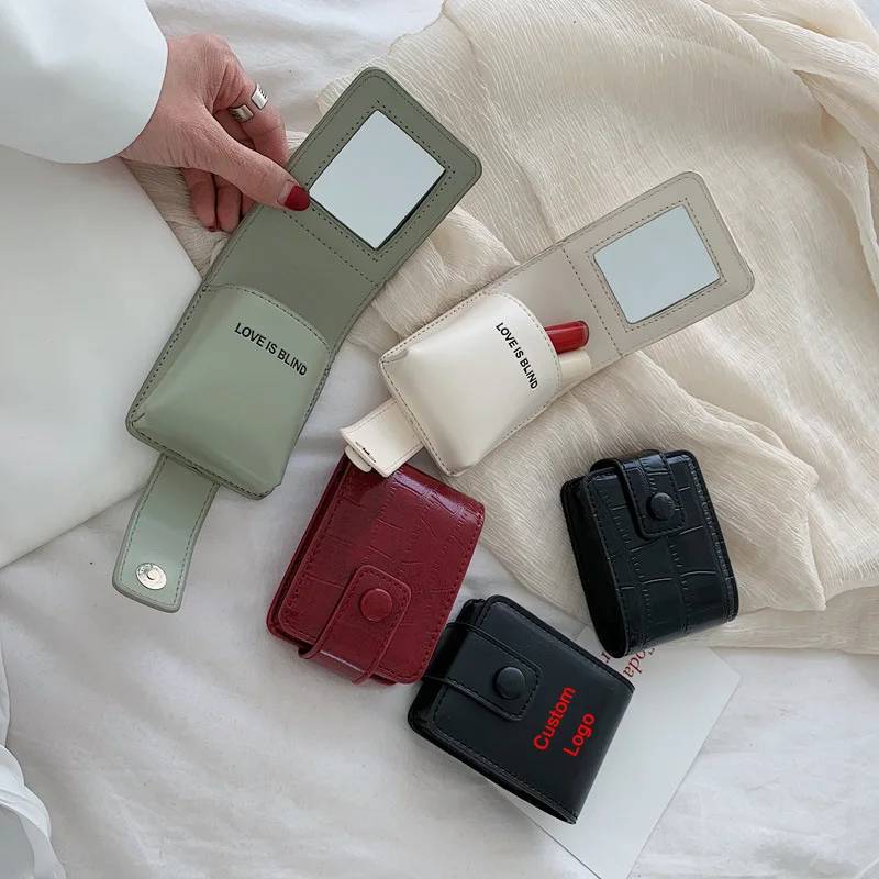 

Custom Logo Mini portable PU lipstick makeup bag with mirror