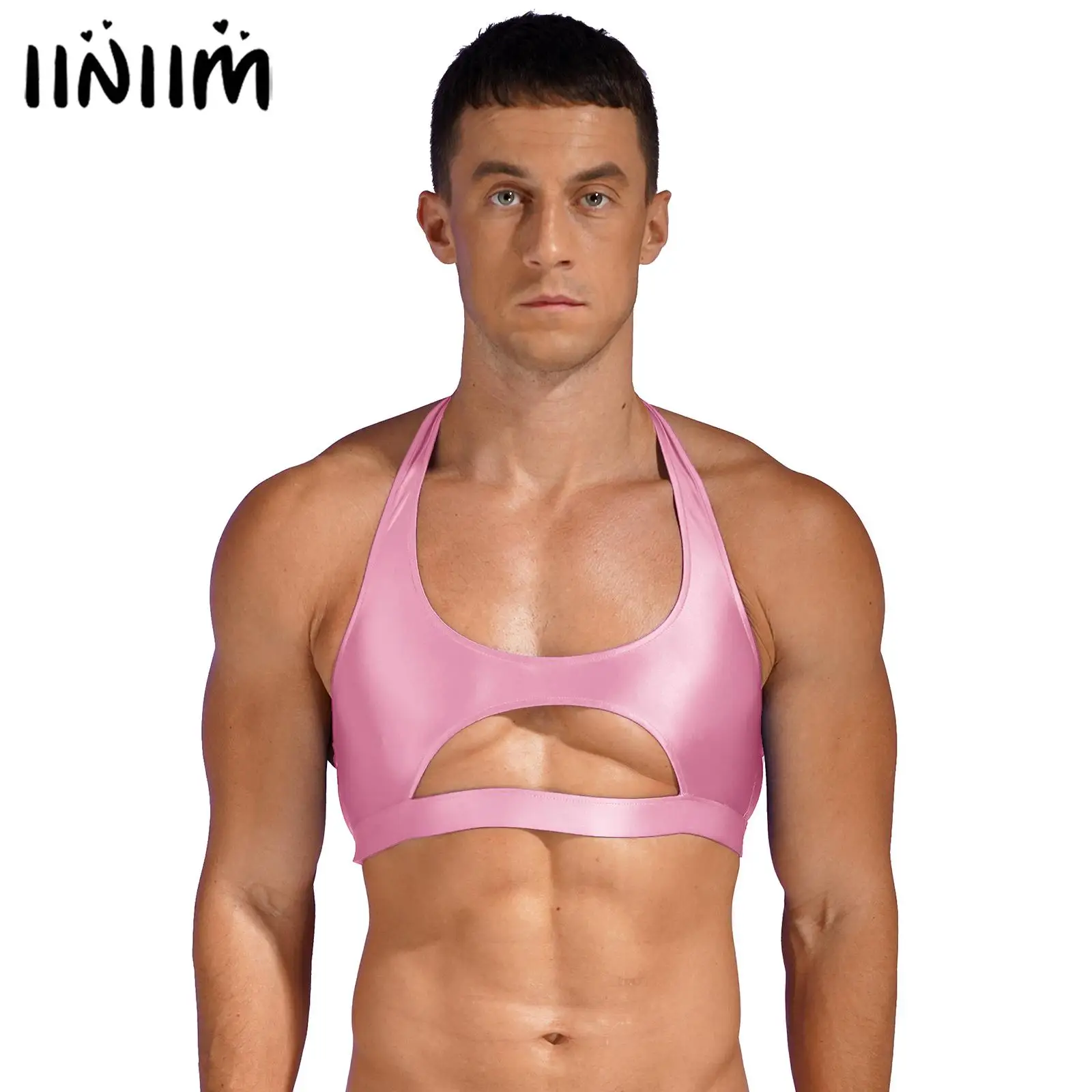 

Mens Glossy Cutout Halter Bodybuilding Vest Stretchy Sleeveless Crop Top Body Shapes Clubwear Costumes Solid Color Gym Fitness