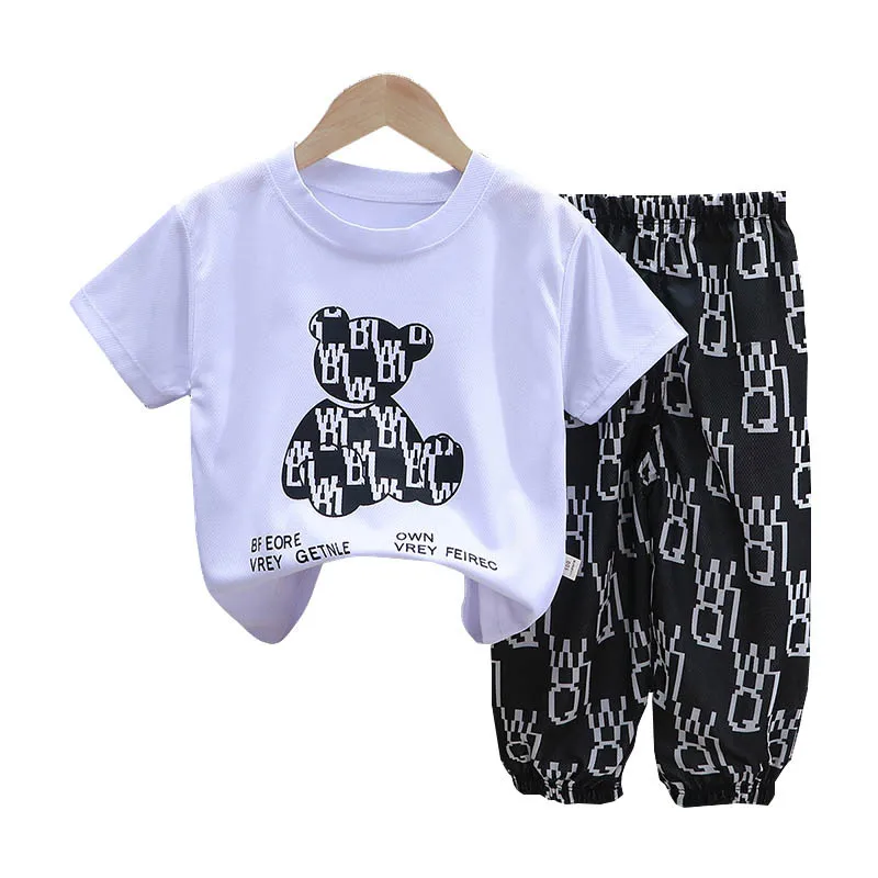 

Baby Bear Printed Tshirt+Streetwear Pants 2pces Summer Mesh Letters Clothes Teen Short Sleeve Trousers Suit For Boy And Girl