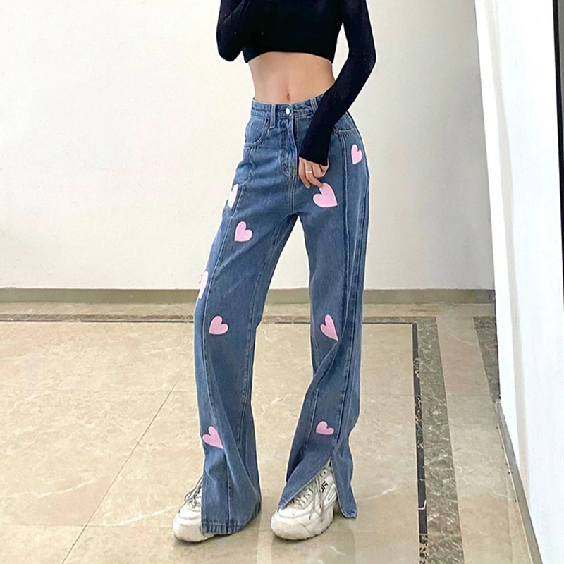 Fashion Love Sequined Trousers Split Blue Jeans Women's 2022 Summer High Waist Casual Drape Straight Trousers Boyfriend Jeans