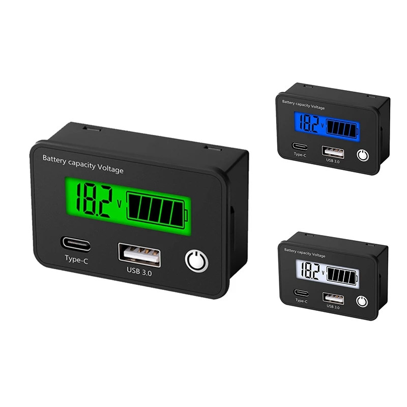 

Свинцово-кислотный литиевый аккумулятор индикатор емкости автомобильный цифровой вольтметр тестер напряжения USB Type-C черный, синий экран