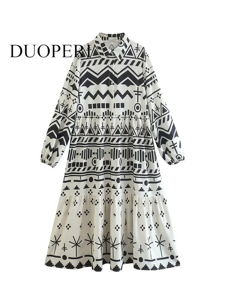 

DUOPERI Women Fashion Printed Single Breasted Midi Dress Vintage Lapel Neck Long Sleeves Chic Lady Dresses