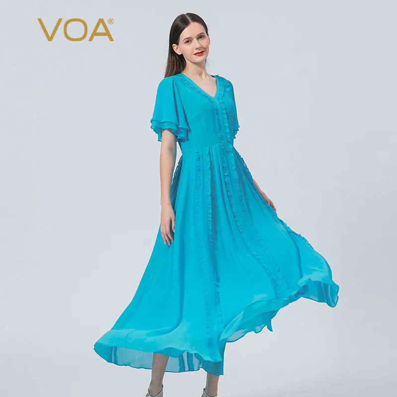 

VOA Fashion Edible Tree Fungus Blue Atoll Silk Woman Dress Summer Elegant 12m/m Georgette Butterfly Short Sleeves Dresses AE1058