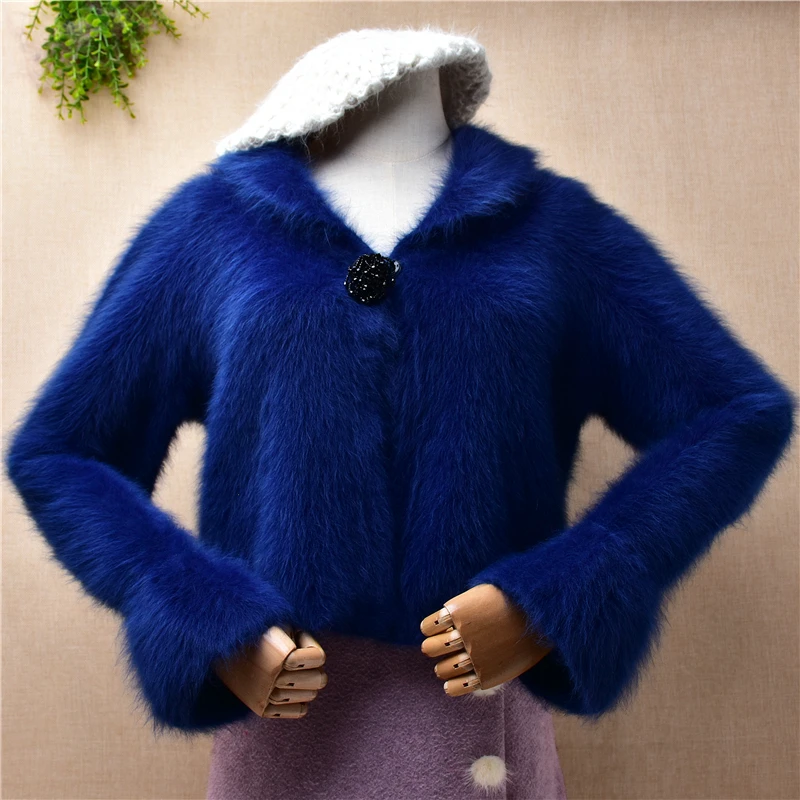 

04 Женская осенне-зимняя одежда с голубыми бусинами, пушистые норковые кашемировые вязаные свободные укороченные кардиганы с длинными рукавами, свитер, пальто