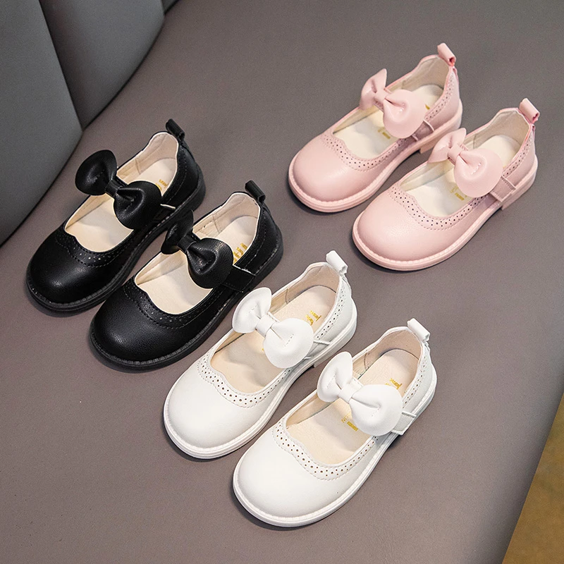 Girl's Mary Janes Concise Style Bowtie Solid Color Soft Toddler Girl Leather Shoes Round Toe 21-34 Fashion School Kids Flats