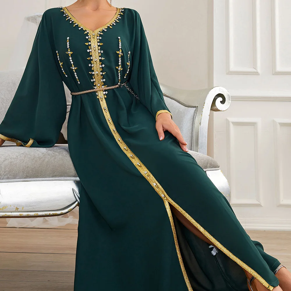 Ramadan Eid Handwork Diamonds Moroccan Kaftan Muslim Arabic Dress Women Abaya Dubai Arabian Evening Party Gown Caftan Robe Green