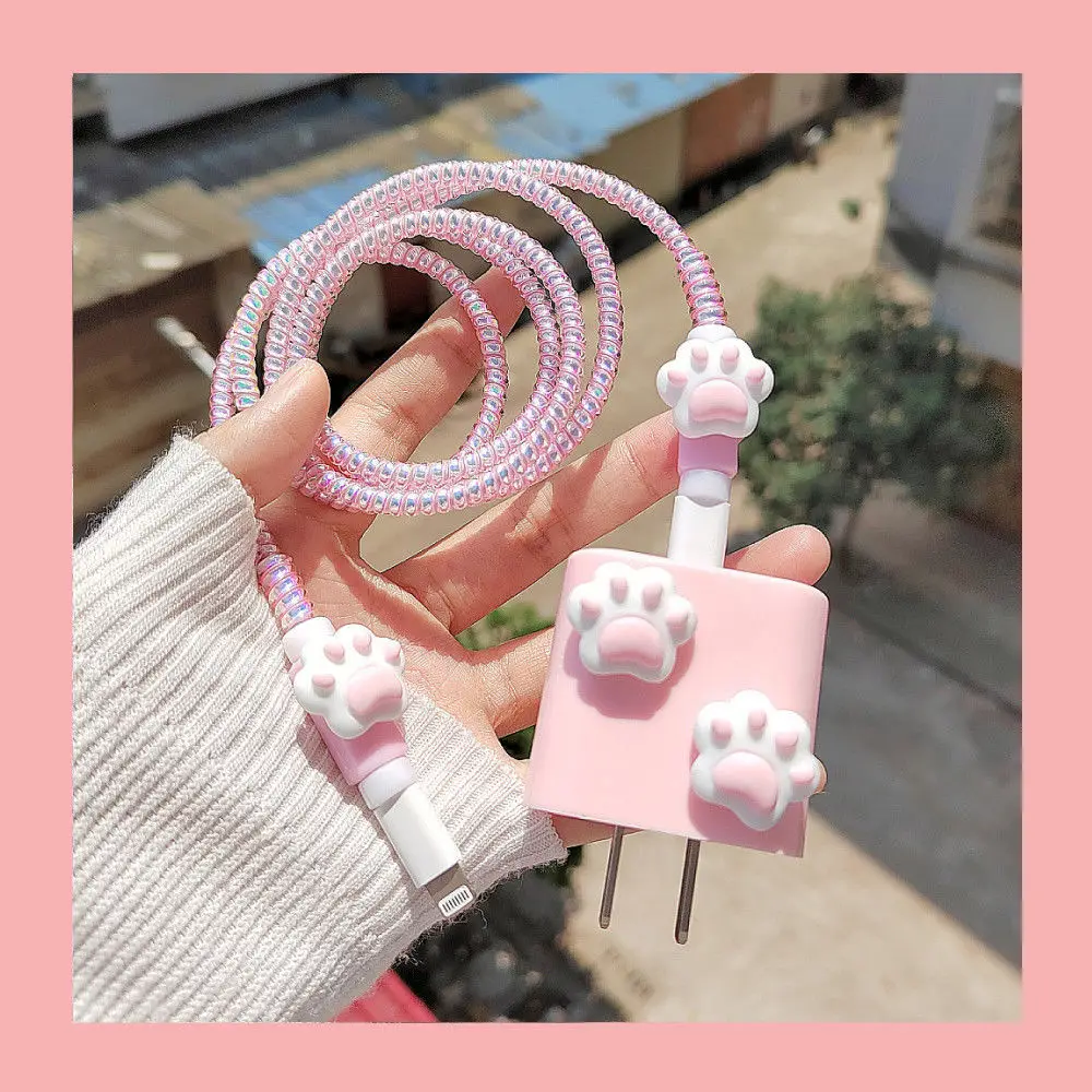 

Pink Paw Cable Protectors Set For iPhone 14 13Pro Fast Charging Protector USB Data Cable Line Protection Sprial Cable Protective