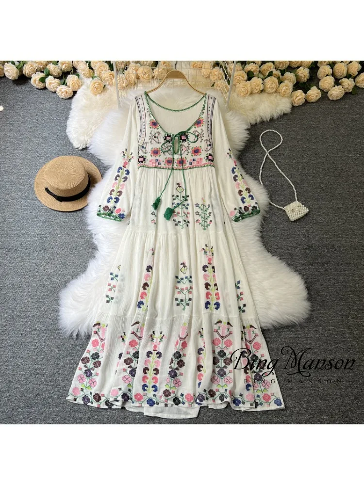

Bohemian Holiday Long Dress Ethnic Style Heavy Industry Embroidered Flower Round Neck Lace Up Loose Flowing Sand Difficult Dress