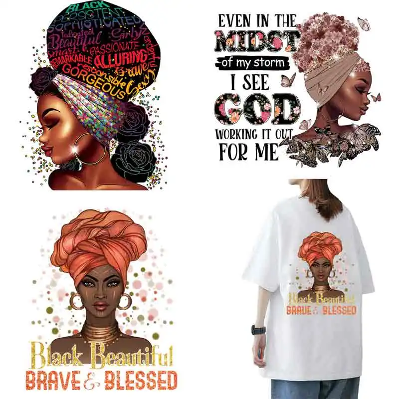 

TuQiang Flower Black Girl Thermo Heat Transfer Sticker DIY T-Shirt A-Level Iron on Patches for Clothing Applique Decor
