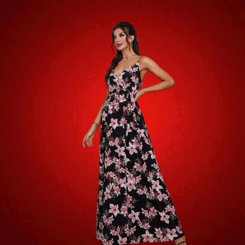 Women'S Romantic Suspender Floral Elegant Long Skirt Printed French Casual Party Dress