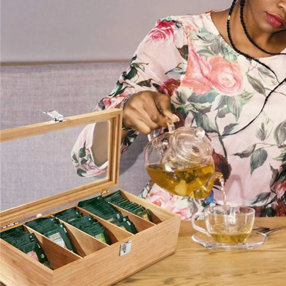 

5 Compartments Bamboo Tea Box Coffee Tea Bag Storage Holder Organizer For Kitchen Cabinets Home Tea Jewelry Holders B9a0