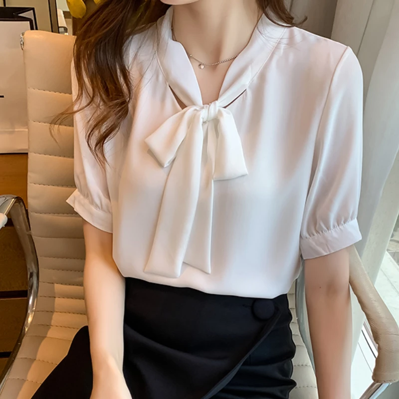 

Pullover Summer New short-sleeved Bow Chiffon Shirt Women V-neck Blusas Mujer De 2022 New Bow Lace Up Neck Women Tops 669G