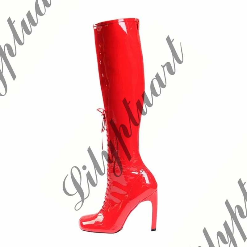 Autumn Women's Fashion Leopard Print Knee Boots PU Leather Lace Up High Heels Boots Square Toe Large Size 43 Knee High Boots