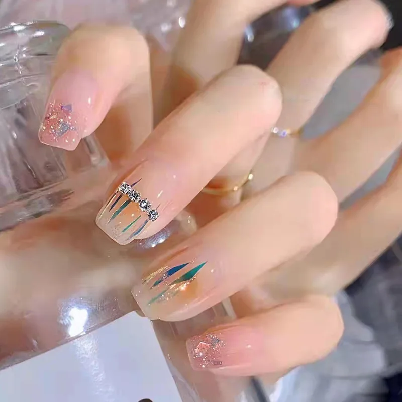 

24pcs Press on Nails Glossy Blue Glitter False Nails Full Cover Transparents Crystal Fake Nail for Women and Girls