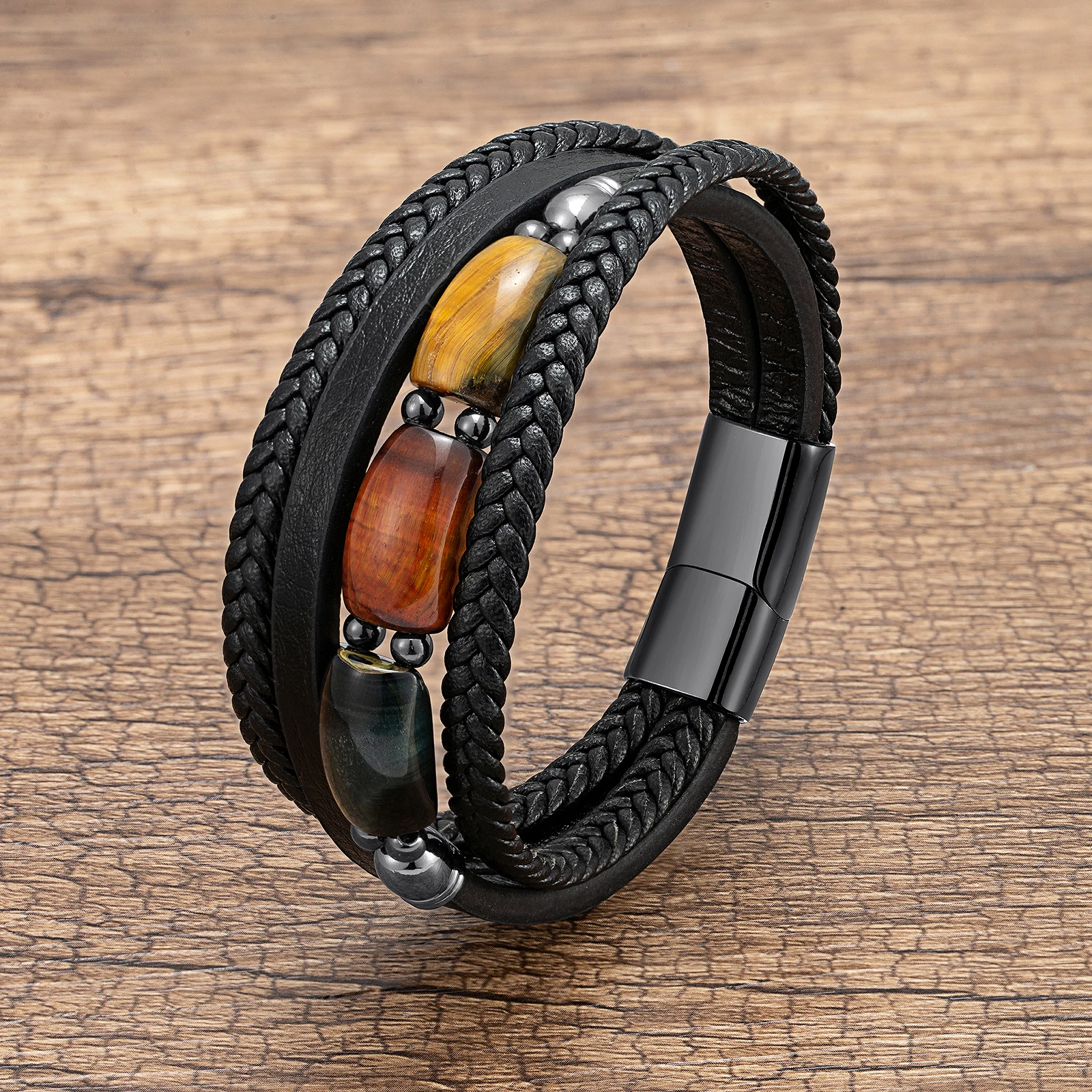 Мужской Плетеный многослойный браслет черный кожаный из нержавеющей стали с