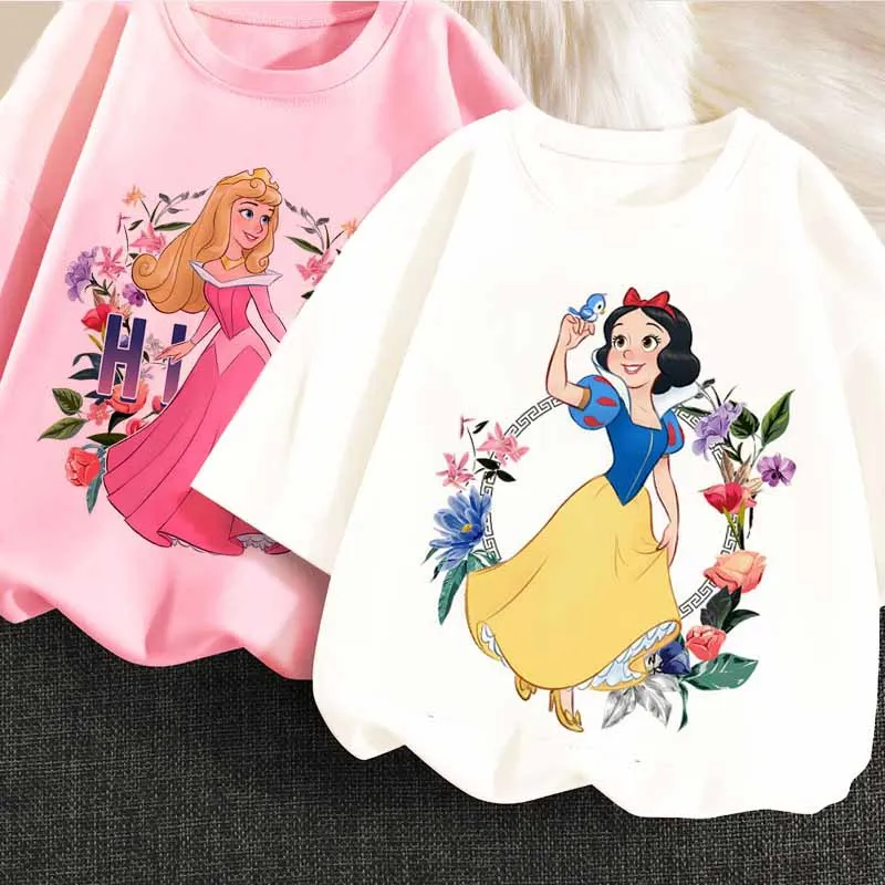 

Princess Series Snow White Charm Cartoon Girls Summer Clothes T-shirts Kawaii Disney Plus Fashion Anime Tops Cute Disney Shirt