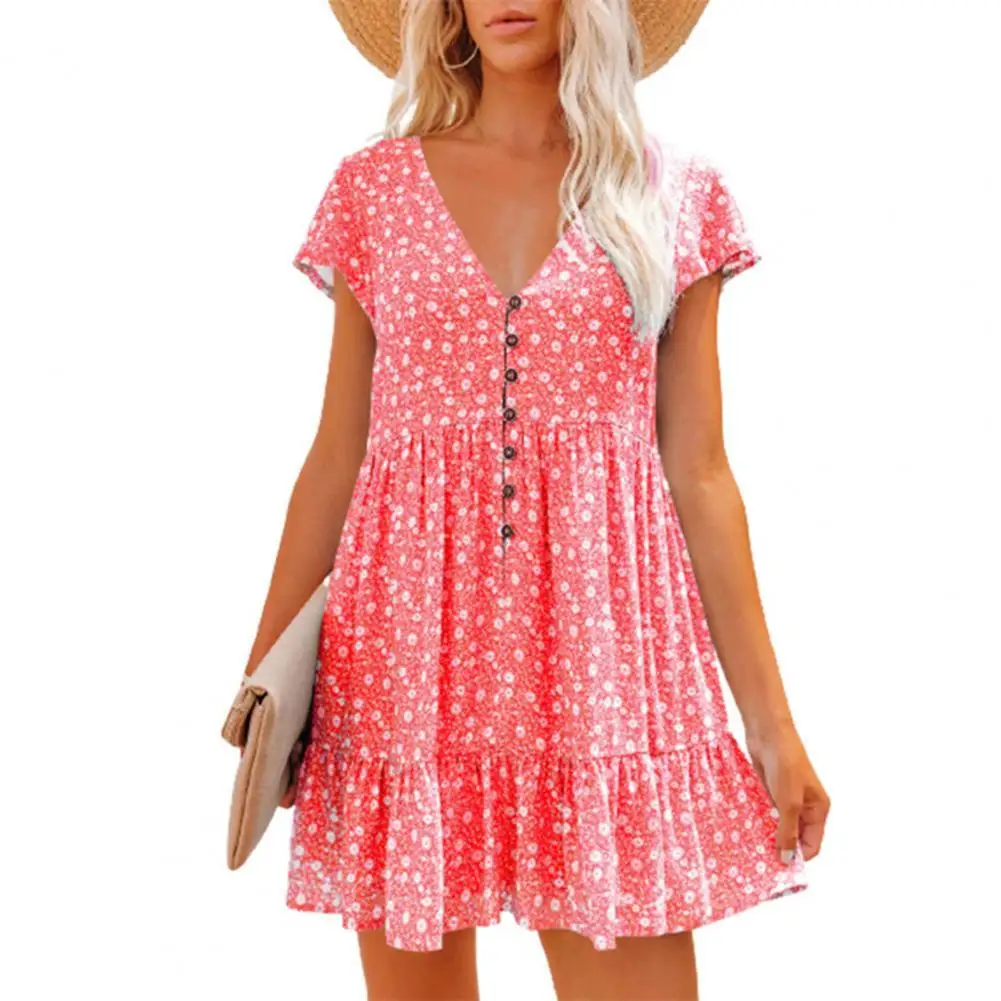 

Vintage Beach Mini Dress Women's Floral Print Ruffles Summer Loose Buttons Elegant Dress Party Beach