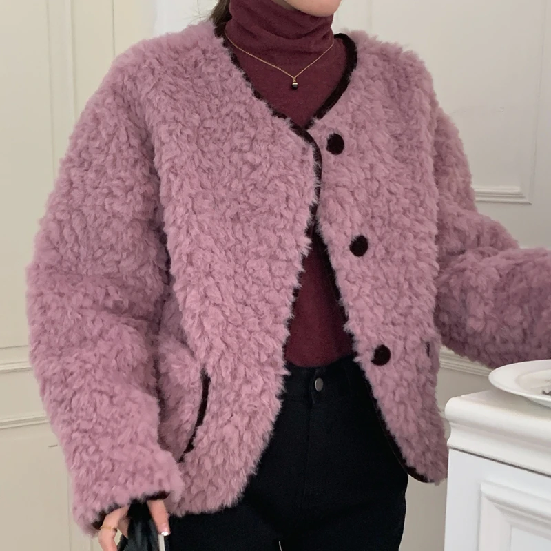 Korean Fashion Loose Fluffy Quilted Coats Female O Neck Long Sleeve Thickened Woman Coat Pocket Sweet Top Women Dropshipping